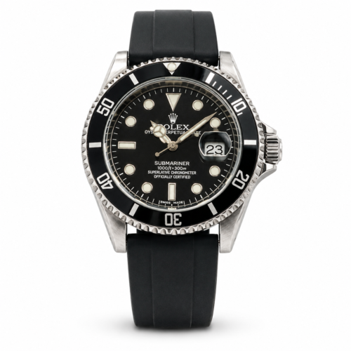 Rolex GMT Black Strap Silver Bezel Black Dial