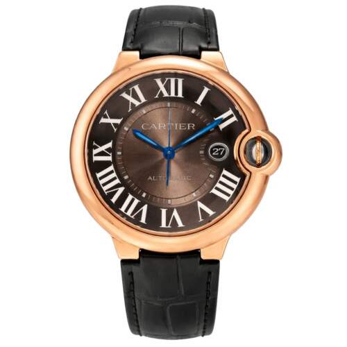 Cartier De Ballon Black Strap Golden Bezel Brown Dial