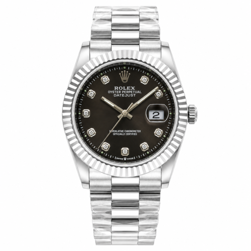 Rolex Date Just Silver Chain SIlver Bezel Black Dial